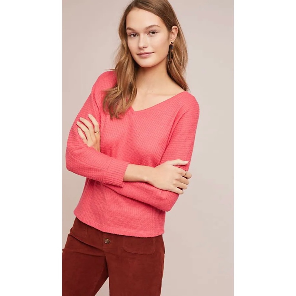 Anthropologie Cloud Fleece Waffle Knit V Neck Top Salmon Size Large